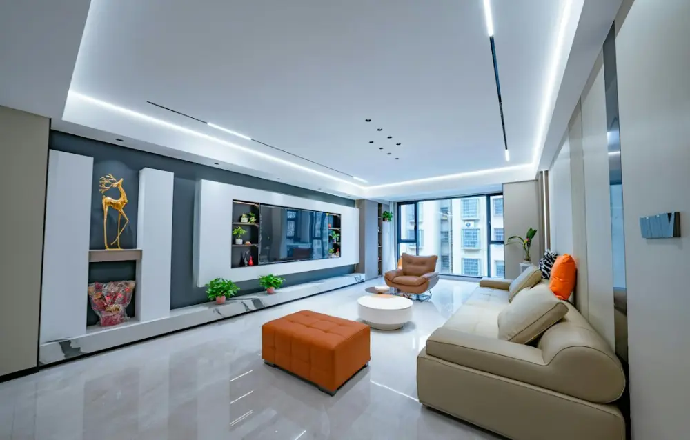 Modern living room with stylish furniture and ambient lighting, illustrating viewing formats